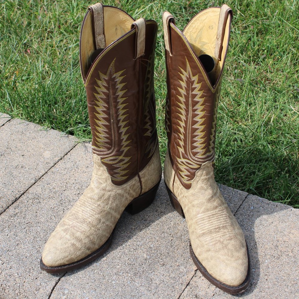 Tony Lama men's tan elephant cowboy boots, size 9.5D.